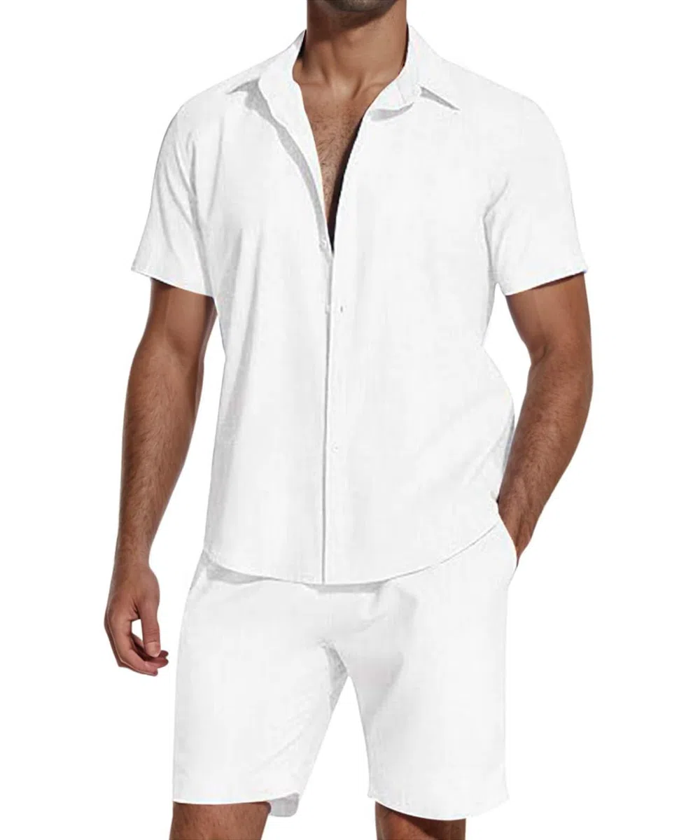 SHEKINI Pyjama 2 pièces en coton pour homme - Manches courtes boutonnées et short léger - Respirant et confortable - Convient pour l'été, les loisirs et la plage, la détente, les tenues décontractées