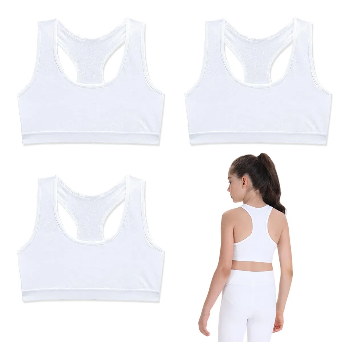 HXZASFG Lot de 3 Soutiens-Gorge pour Filles, Hauts Courts, Soutien-Gorge de Sport en Coton Doux, sous-vêtements pour Enfants, Soutien-Gorge d'entraînement Non rembourré pour Enfants de 8 à 14 Ans
