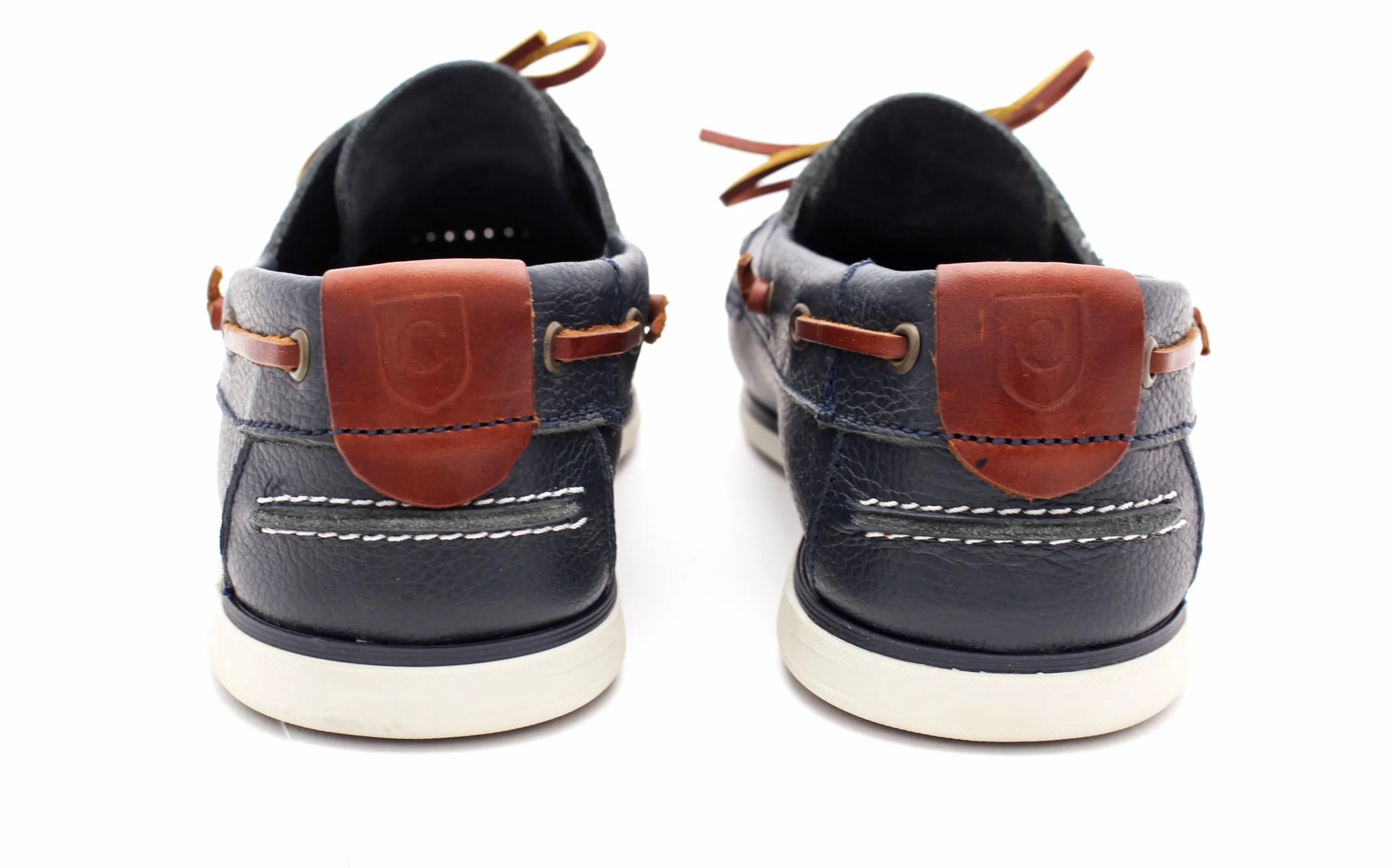 Chaussures bateau en cuir véritable pour homme Mocassins plats avec lacets en cuir en bleu foncé et marron 2 Eye Boat Shoes, bleu foncé, 43 EU Étroit
