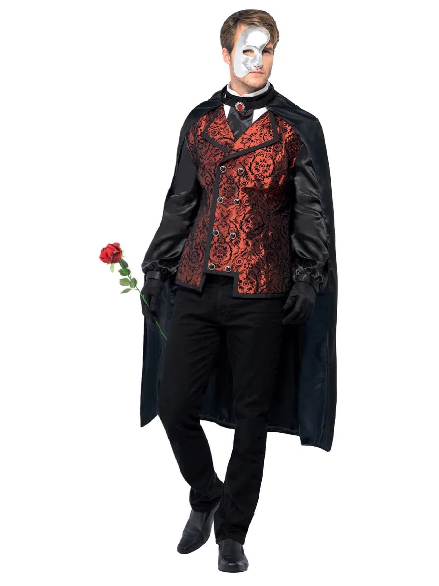 Smiffys Costume d'opéra noir avec cape, fausse chemise, masque, gants et fausse rose, costume d'Halloween de carnaval de la damne, costume de vampire