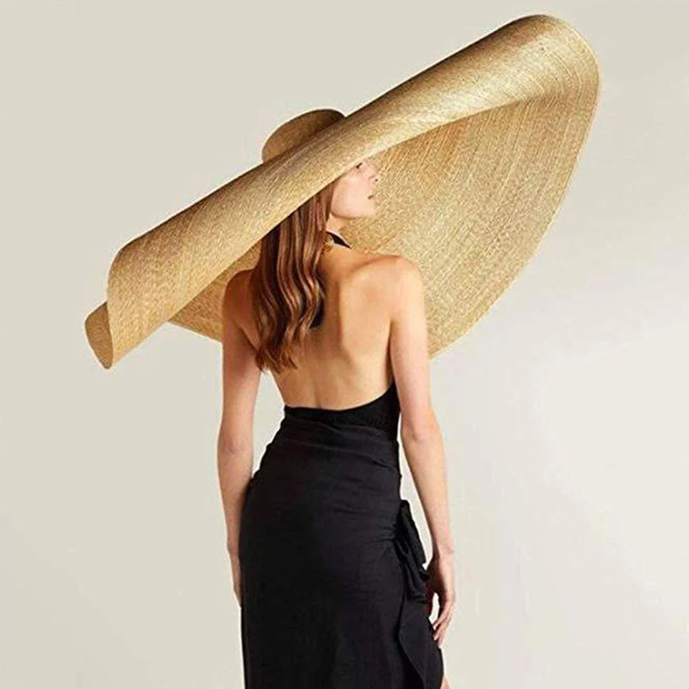 Chapeau de paille surdimensionné pour femme, chapeau de paille de soleil avec large bord anti-UV, chapeau d'été pliable (56-58 cm)
