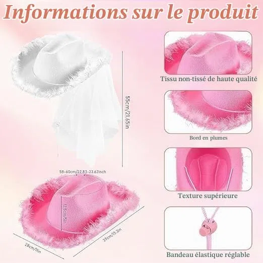 MALLOOM 12 Chapeau de cowgirl rose - Chapeau de cowboy rose pour femmes et adolescentes, chapeau de cowgirl amusant, cowgirl (Fil rose, blanc et argenté)