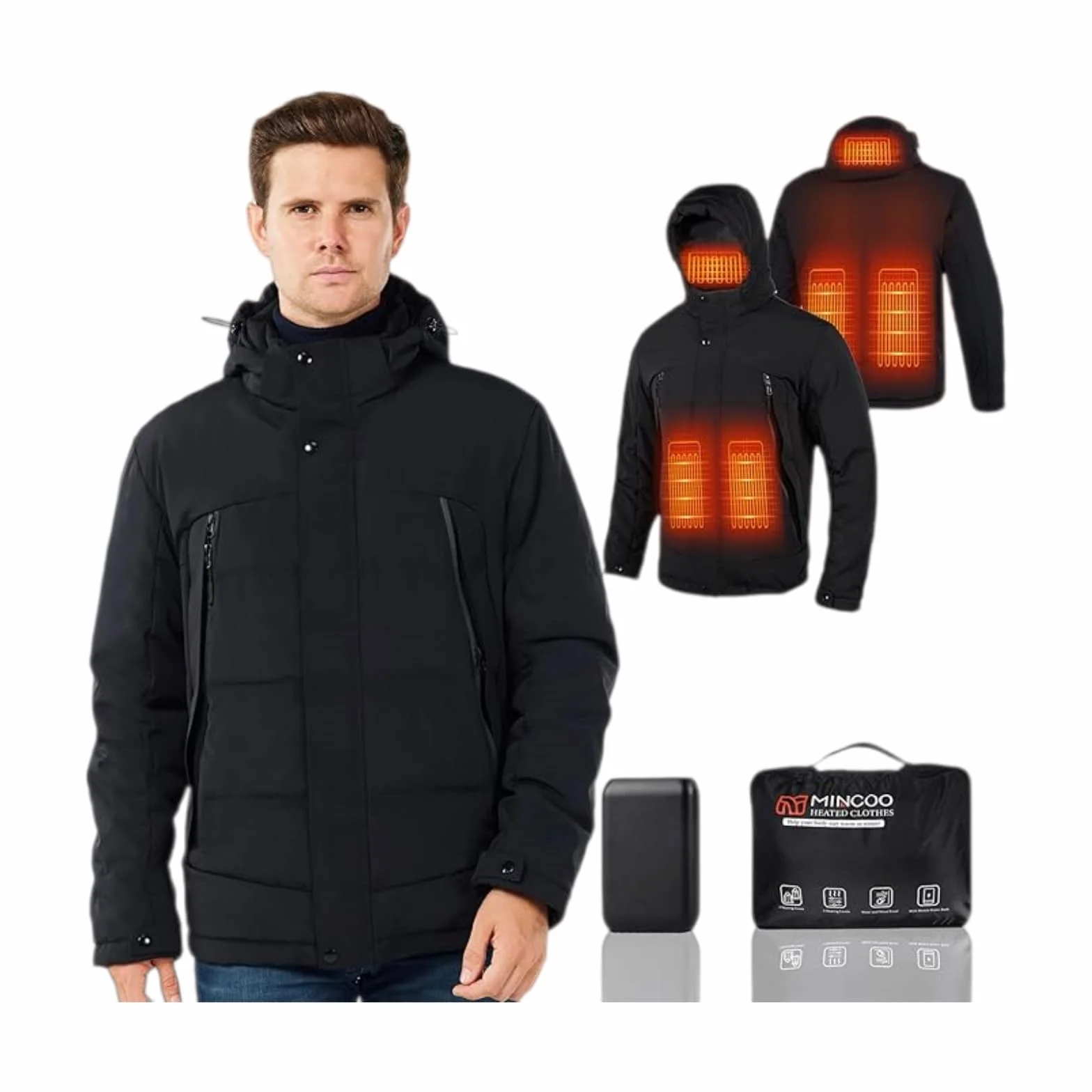 Veste Chauffante Homme, 18400 mAh Batterie Veste Chauffante électrique Veste Chauffant USB Vêtements Chauffant électrique avec YKK Fermeture à glissière pour Ski Pêche Randonnée Moto, L