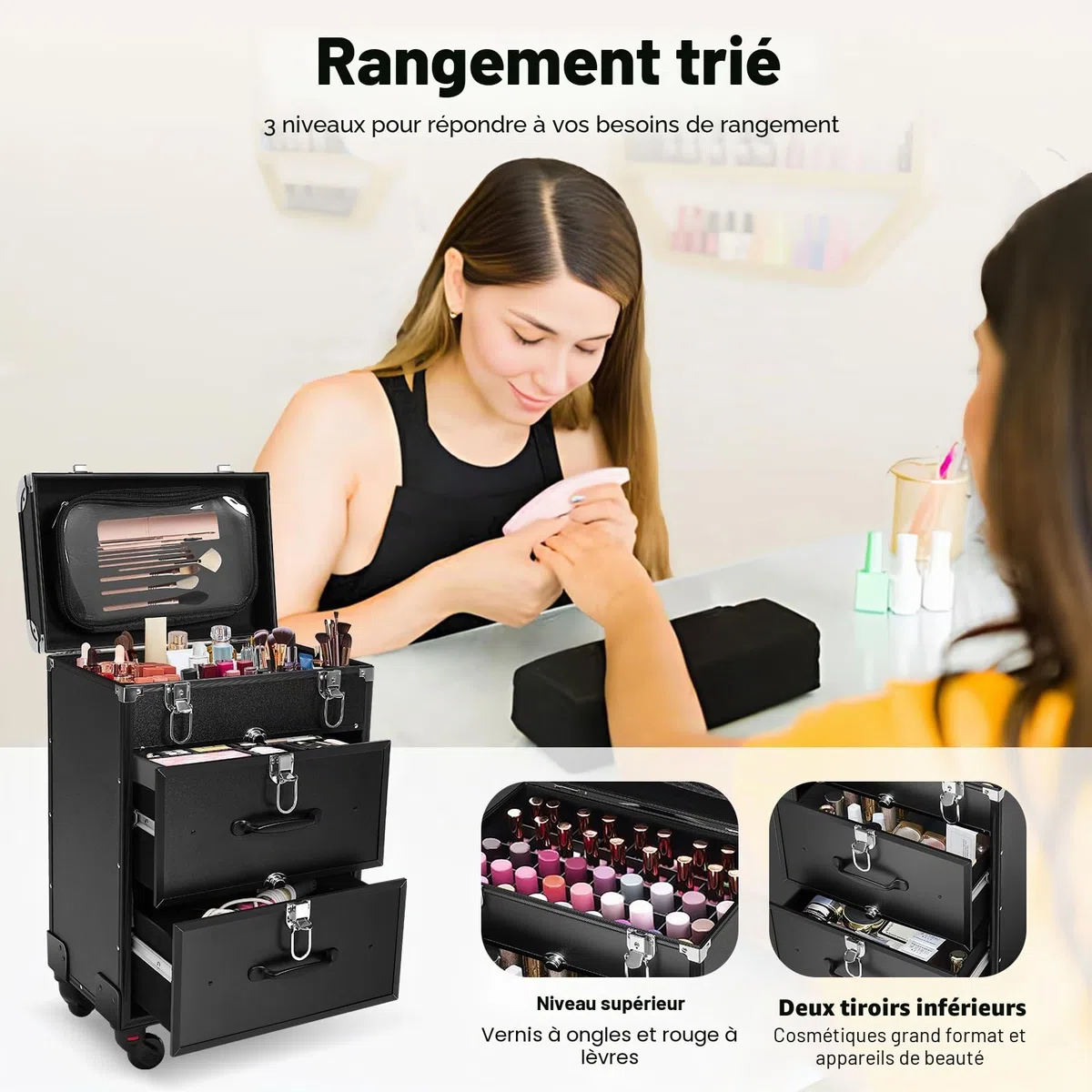 Valise cosmétique à roulettes en aluminium avec serrures - Grande valise de maquillage - Organiseur pour les déplacements - Pour nail art et coiffure - 36 x 23 x 58 cm
