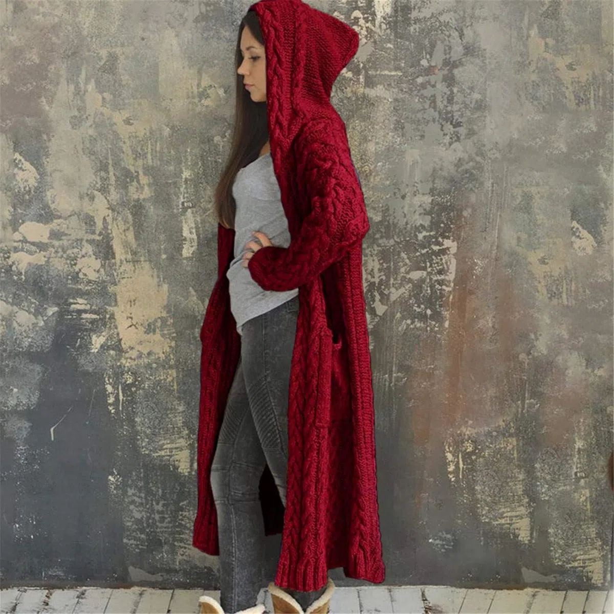 Générique Cardigan à Capuche Ouvert sur Le Devant pour Femme ，Pull en Tricot torsadé de Couleur Unie ， Manteaux Longs