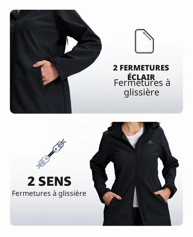 Pioneer Camp Softshell femme longue - vestes de randonnée softshell avec capuche - Imperméable et coupe-vent - Taille réglable - Parka de pluie avec fermeture éclair - Poches pour la randonnée