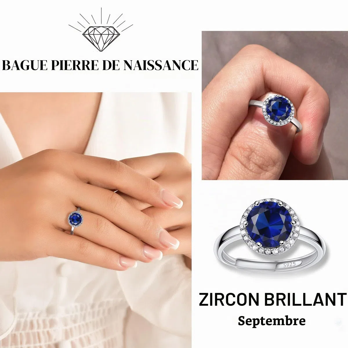 Bestyle Bague pour Femme en Argent S925 Ronde, Bague de Fiançailles Alliance Bague Réglable en Pierre de Naissance en Zircon Blanc Cadeau d'Anniversaire