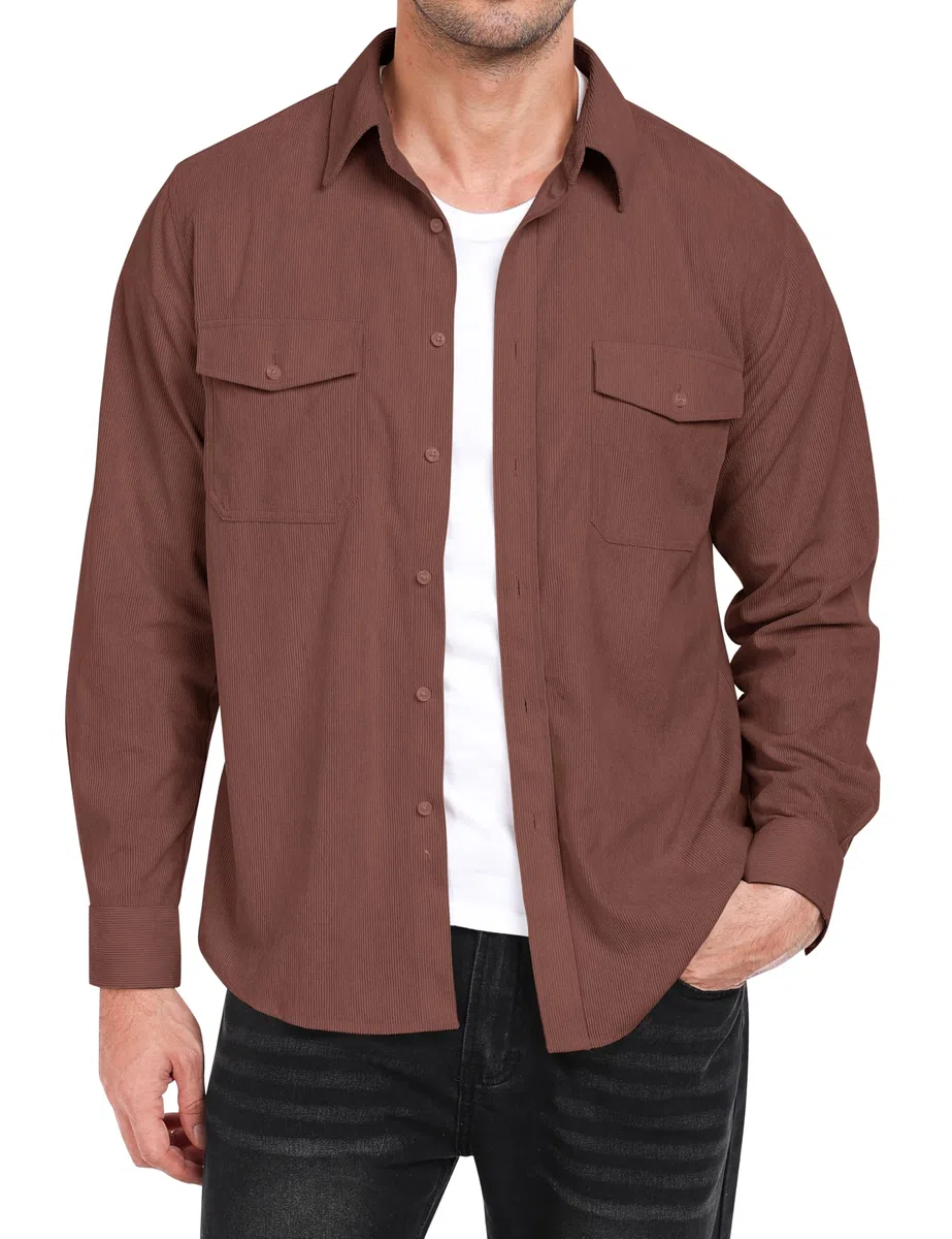 MoFiz Chemise en Velours Côtelé Homme Veste Chemise Boutonnée à Manches Longues Chaude Décontracté Haut Automne Hiver avec Poches