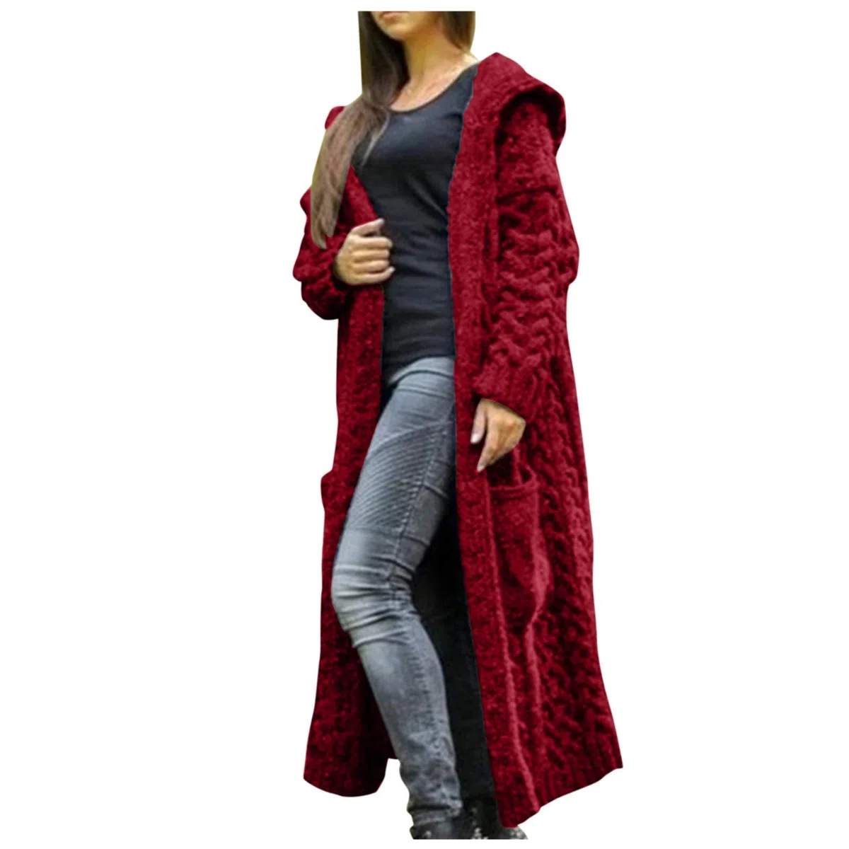 Générique Cardigan à Capuche Ouvert sur Le Devant pour Femme ，Pull en Tricot torsadé de Couleur Unie ， Manteaux Longs