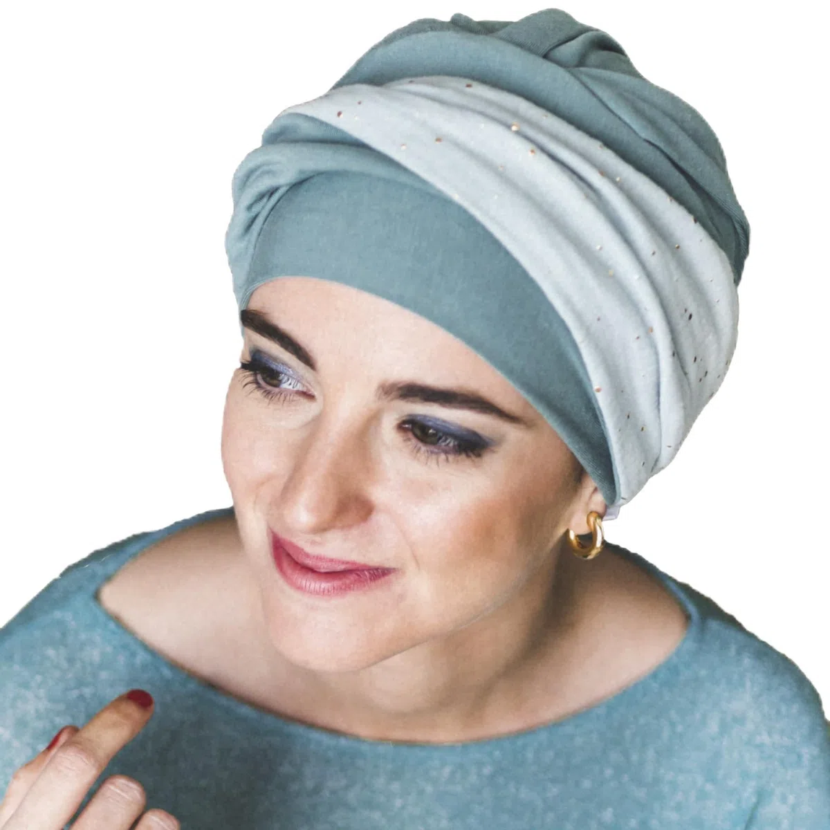 Carebell Elegance Aigue-marine Gold - Turban Bonnet oncologique en bambou pour chimiothérapie ou alopécie, bleu aqua, Taille Unique