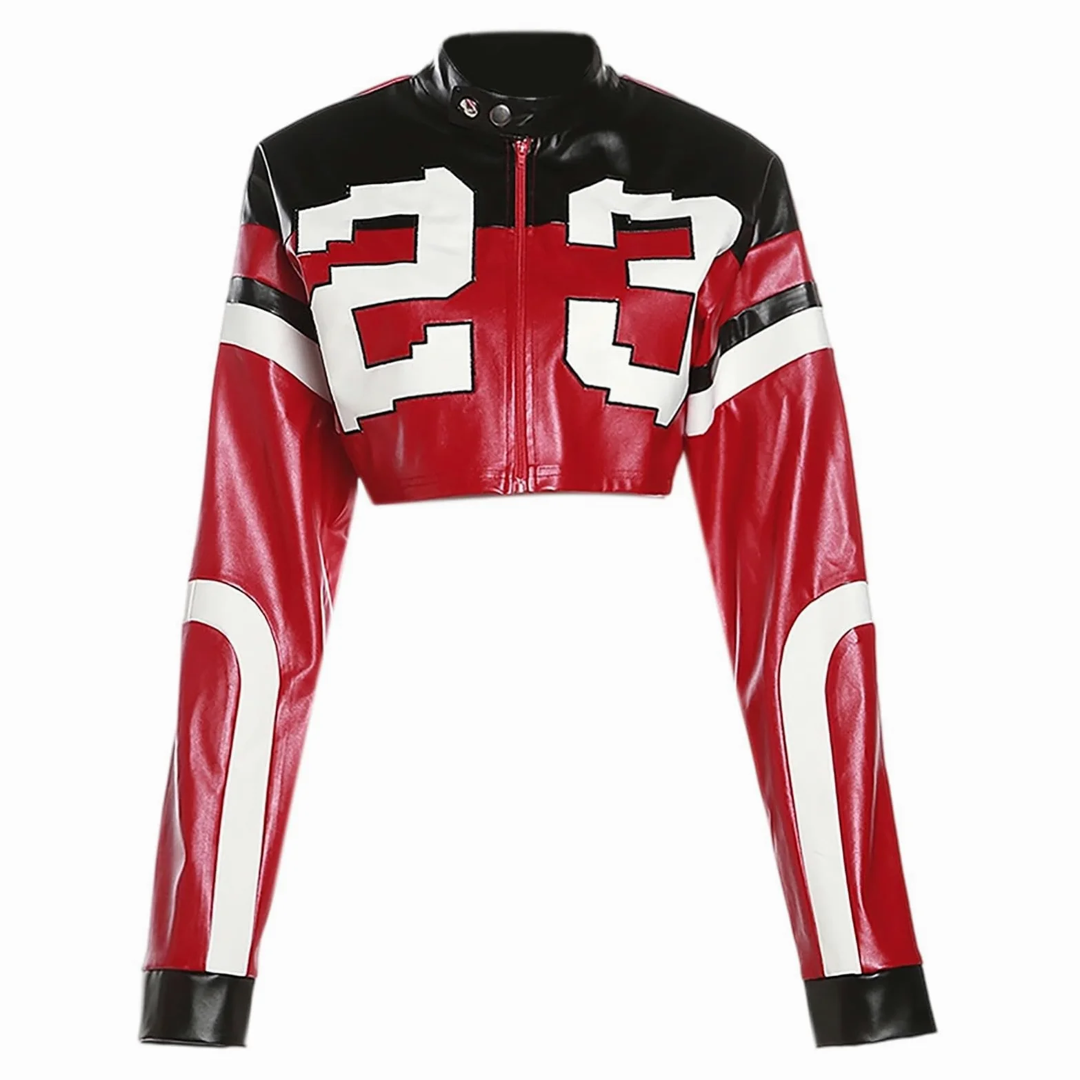 Vestes en cuir élégantes pour femme - Couleur bloquée - Veste de moto brodée - Manteau étroit en cuir synthétique pour les loisirs