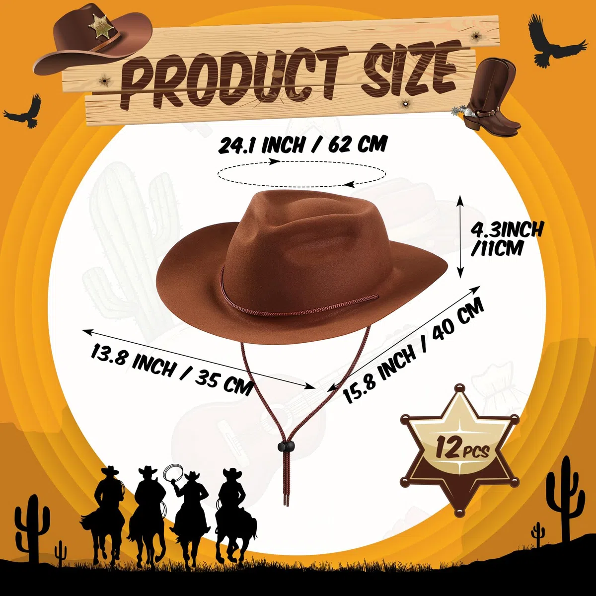 Hicarer 12 Pieces Plastic Western Cowboy Hat Set Disposable Felt Wide Brimmed Felt Cowgirl Party Hat for Men Women Party(Brown)
