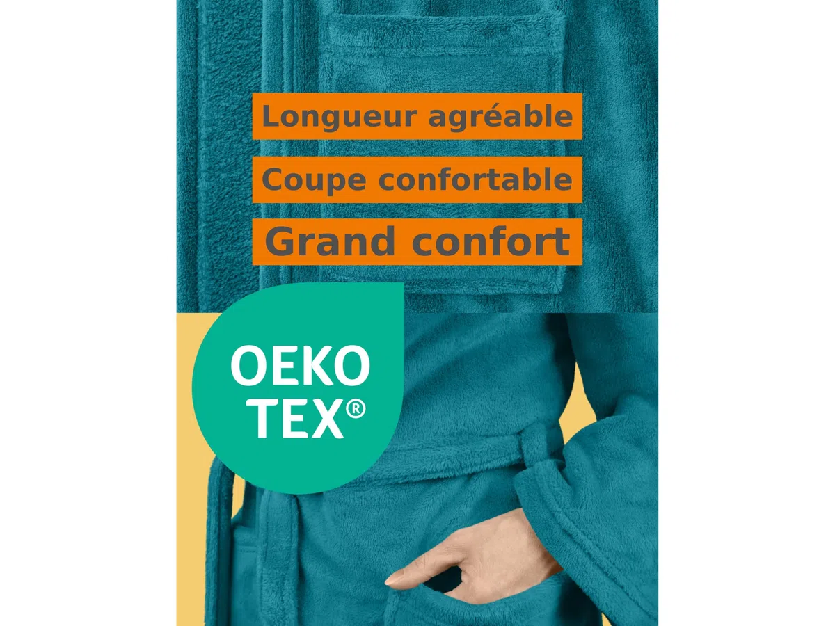 npluseins Peignoir de bain en polaire moelleuse avec col châle – Femme & Homme, XXL, Pétrole