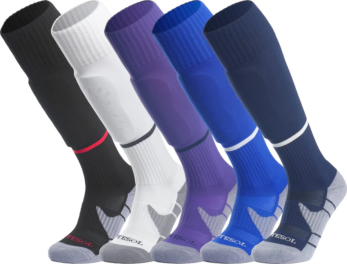 APTESOL Chaussettes de football montantes pour jeunes – Chaussettes de sport d'équipe pour homme et femme – Chaussettes de compression athlétiques en coton pour homme et femme (5 paires, multicolore,