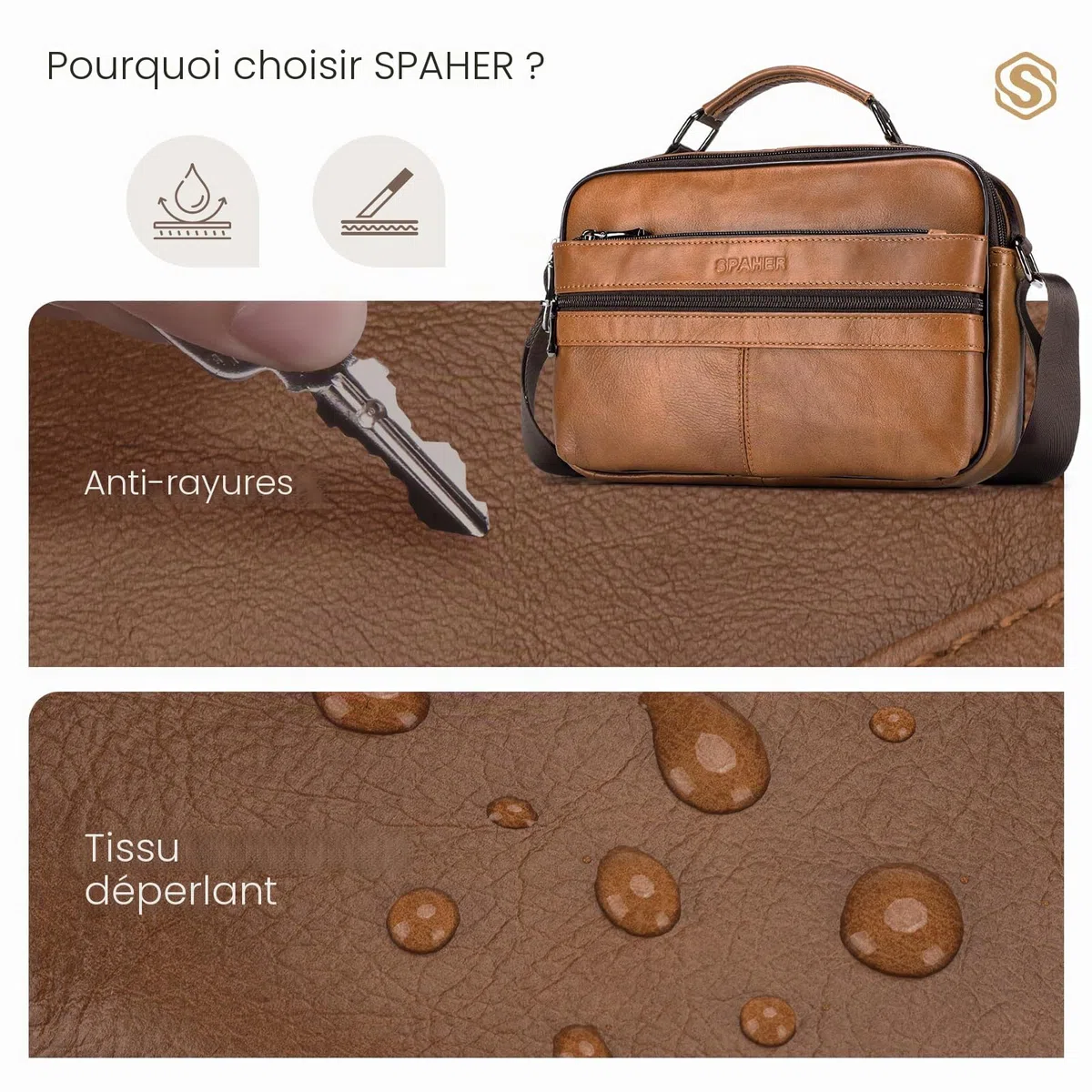 SPAHER Sacoche Homme Bandouliere Grand Sacoche Homme Cuir Véritable Pochette Homme Sac Bandoulière Homme Sac Porté Epaule Sacs Business Sacs à Main Voyage pour Ipad 11 pouces