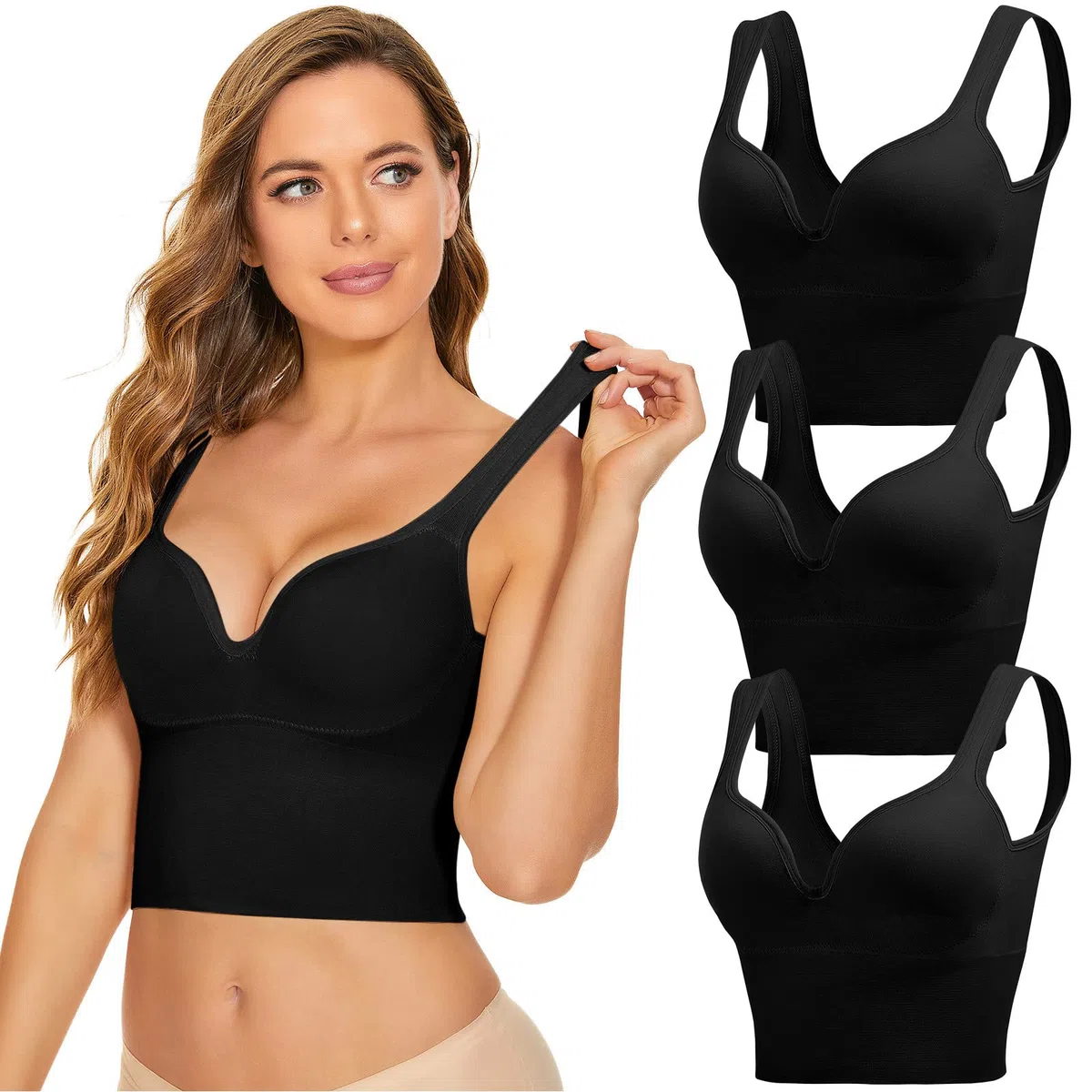 Lot de 3 soutiens-gorge de sport sans armatures pour femme - Soutien-gorge de sommeil confortable grande taille avec coussinets non amovibles, Noir , XX-Large