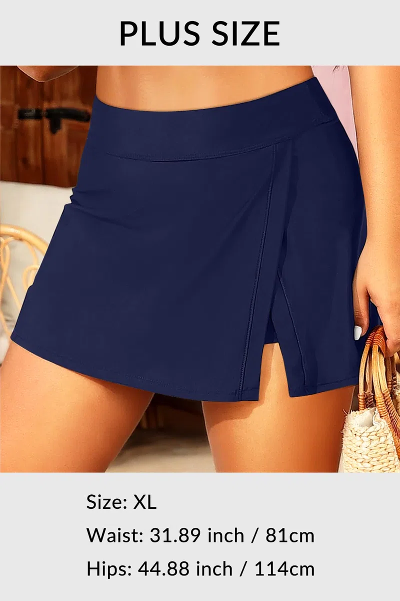 Aqua Eve Jupe de bain gainante pour femmes, jupe fendue avec short intégré, taille haute, bleu marine, Taille M