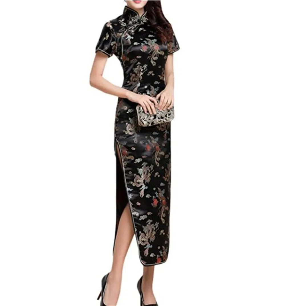 Black Sugar Robe Qipao Courte et Long à Petites Manches et Motif Dragon Brocart Cheongsam Tunique