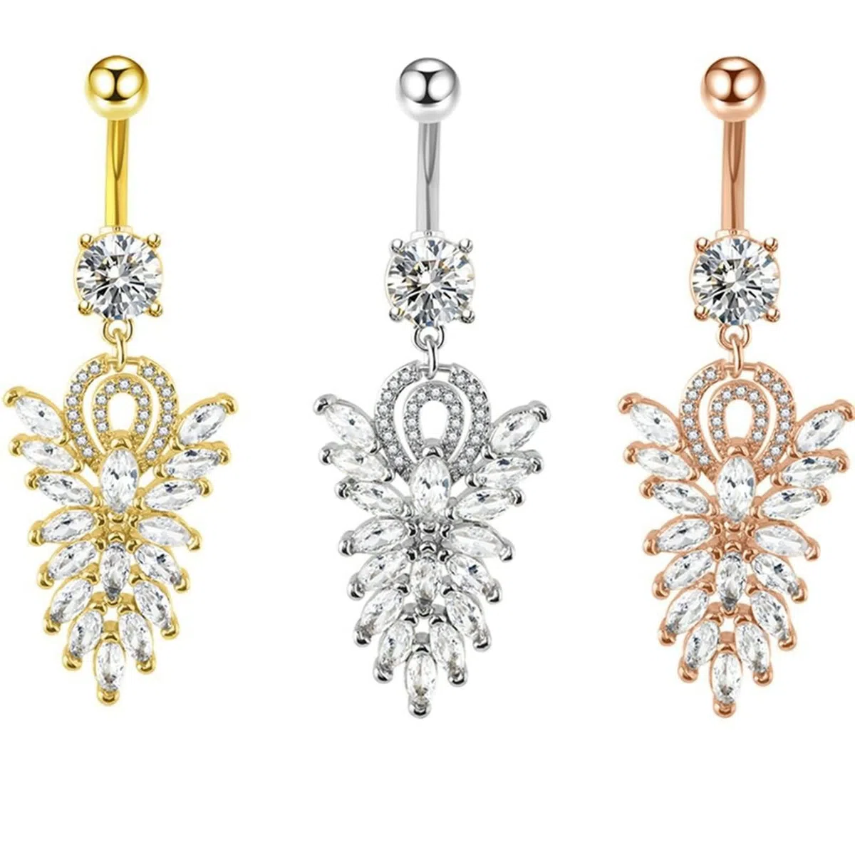 Piercing Nombril Acier Chirurgical Anneau, Piercing de Nombril Tricolore 14 Gauge Bijoux de Piercing Feuille avec Cubic Zirconia 3Pcs