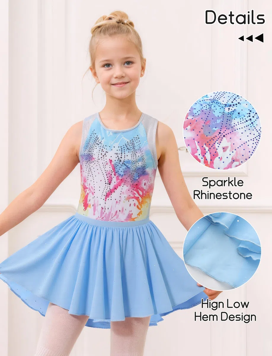 Justaucorps de gymnastique 3 pièces pour fille - Sans manches - Strass brillants - Combinaison avec jupe amovible