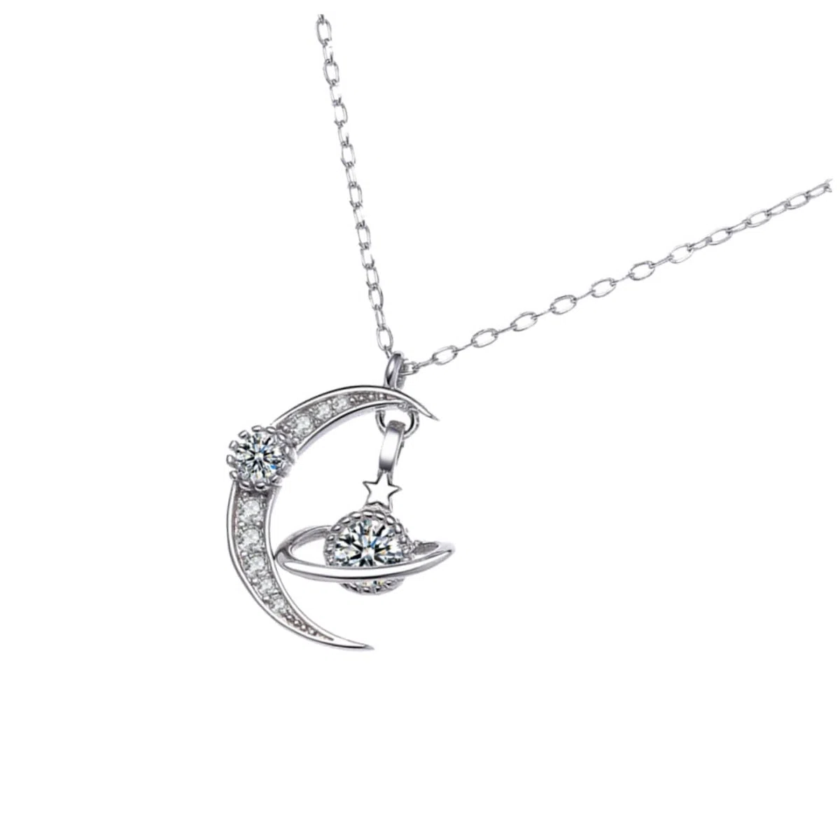 Collier en argent S925 pour femmes, pendentif étoile de souhait, diamant complet, lune, Style chaîne, élégant, 1 pièce