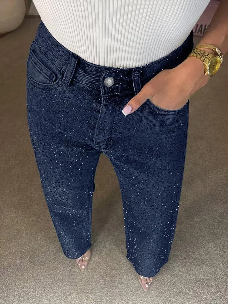 shownicer Jean Femme Taille Haute Wide Leg Jean à Strass Baggy Jeans Large Stretch Droit Jeans Brillant Y2K Pantalon Streetwear