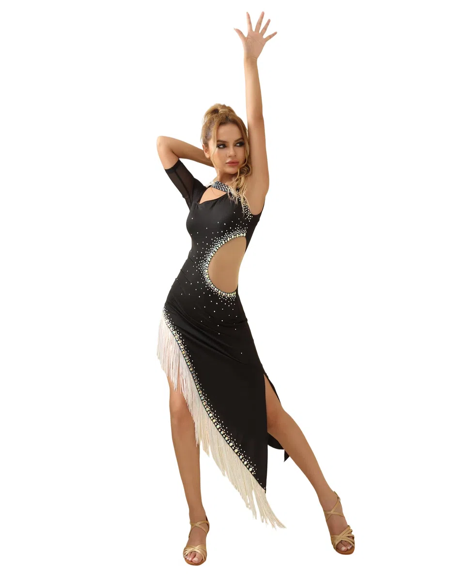 ROYAL SMEELA Robe Danse Latine Franges Femme, Robe de Salsa avec Strass,Robes de Tango Samba Rumba Dos Nu,Manches Irrégulières,Noir
