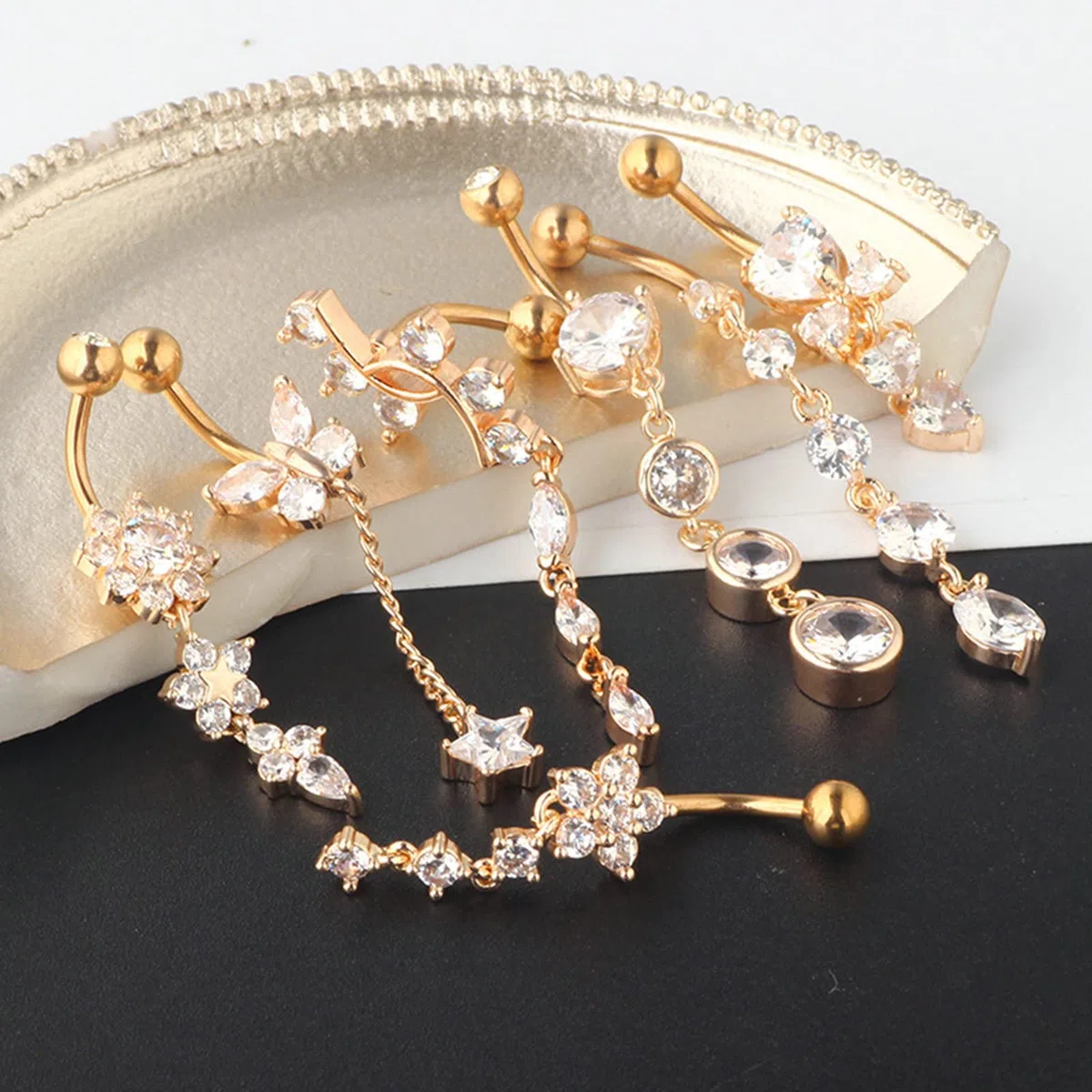 Gualiy 10 Pièces Piercing Nombril Acier Inoxydable Anneaux Fleur et Rond Zircone Cubique Pendre Bijoux Piercing Nombril pour Femme