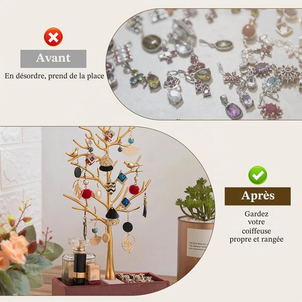 Porte Bijoux Presentoir Arbres, Range Bijoux Femme Arbre, Présentoir à Boucle d'Oreilles avec Plateau, Présentoir Bijoux Arbre pour Boucles d'Oreilles, Colliers, Bracelets, Bagues (Or)