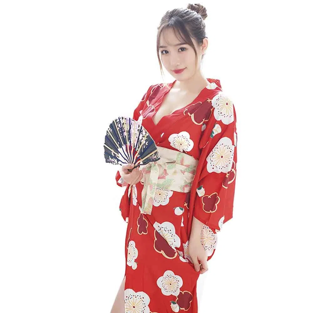 Robe kimono Yukata sexy en satin avec motif Sakura pour femme, robe de bain traditionnelle pour cosplay, robe longue