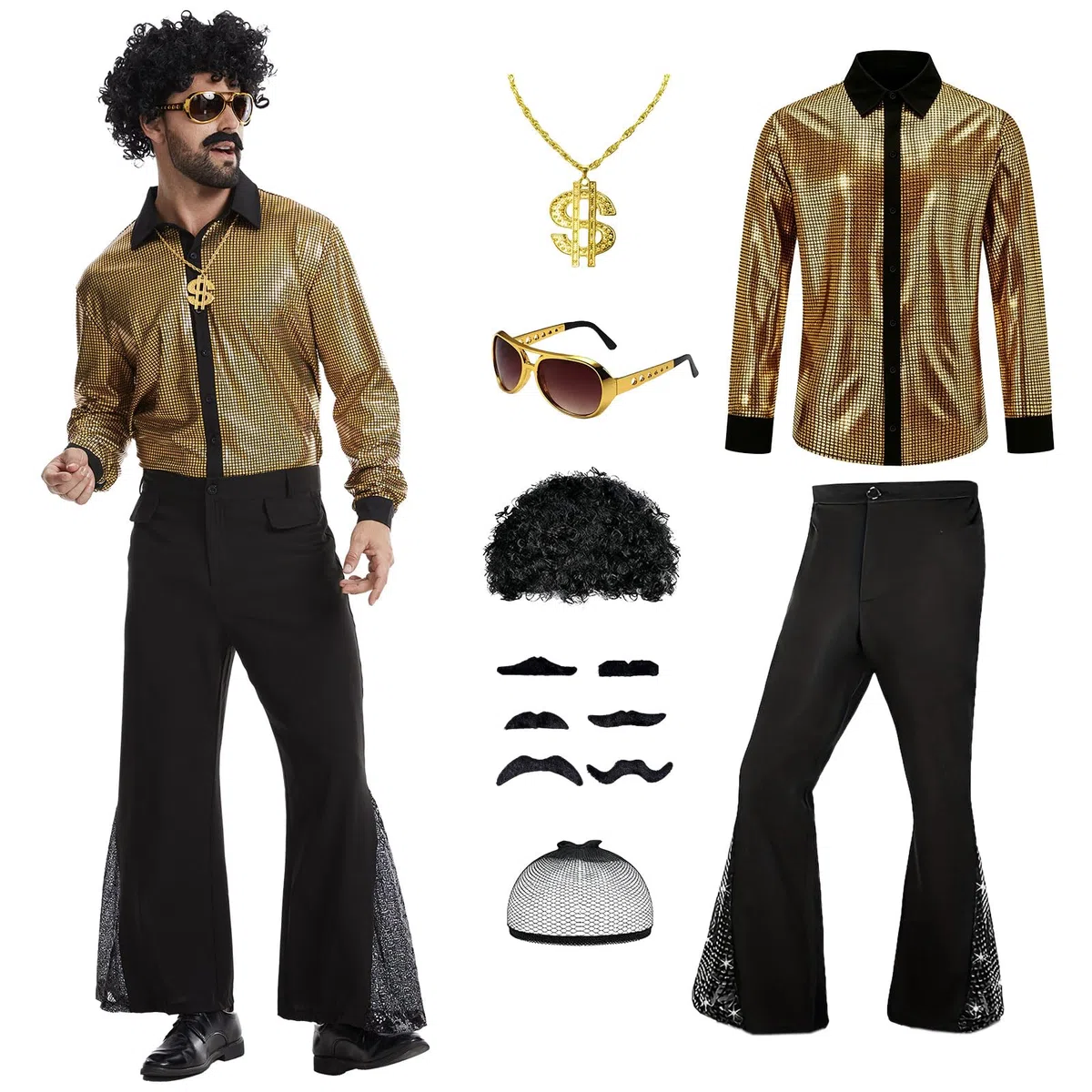 Costume disco des années 70 pour homme, tenue hippie des années 80, chemise à paillettes, pantalon évasé