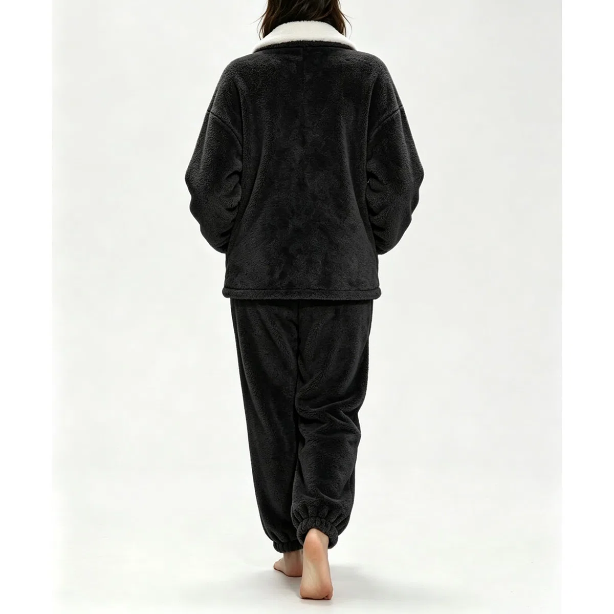 Jamicy Pyjama Femme Hiver Polaire Double Face Chaud Ensembles de Pyjama Femme Boutonné avec Poche Vêtement de Nuit Uni Costume de Maison Confortable Doux Tenue de Nuit 2 Pièces S-XL