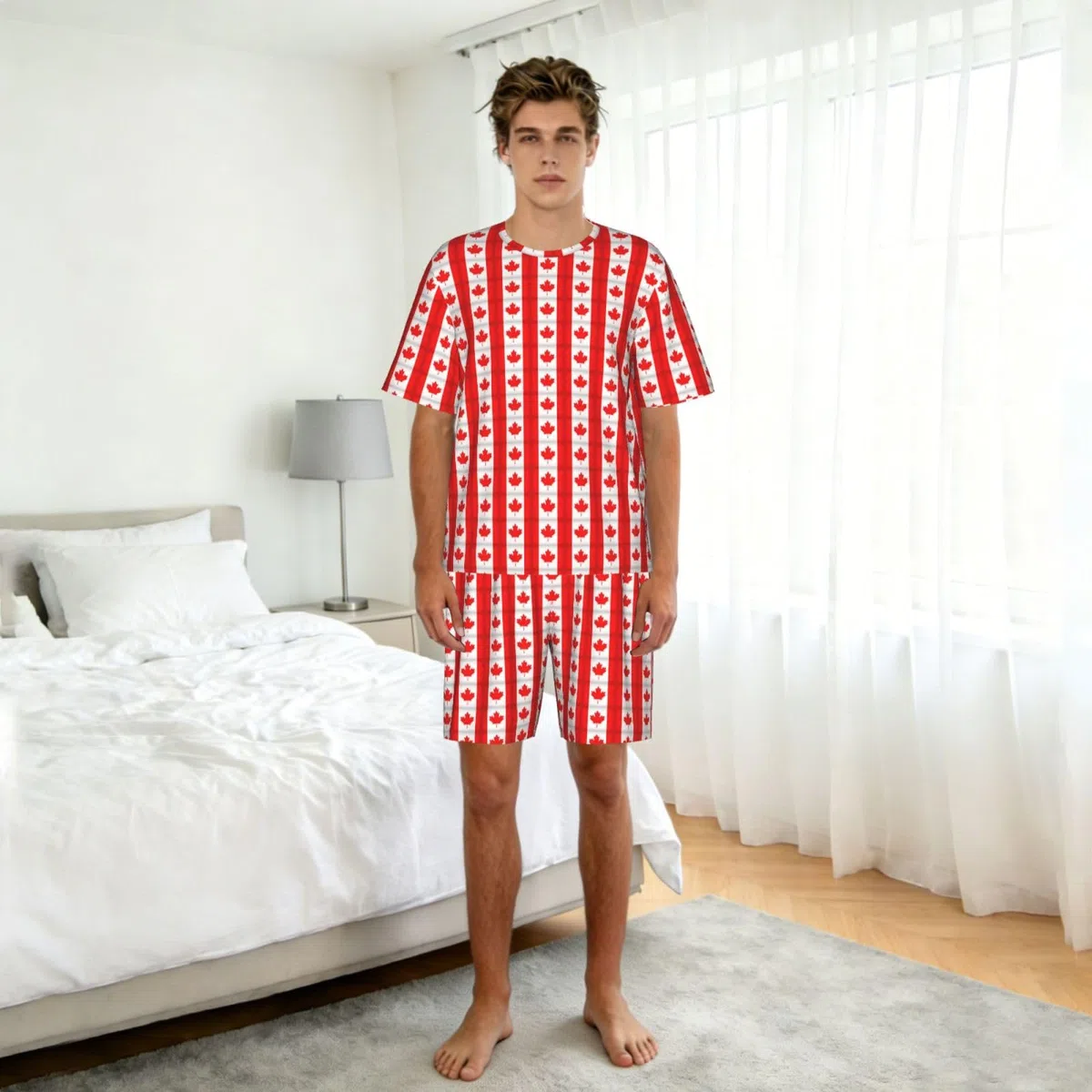 Ensemble de pyjama à manches courtes pour homme imprimé drapeau canadien, vêtements de nuit, ensemble de détente respirant et confortable