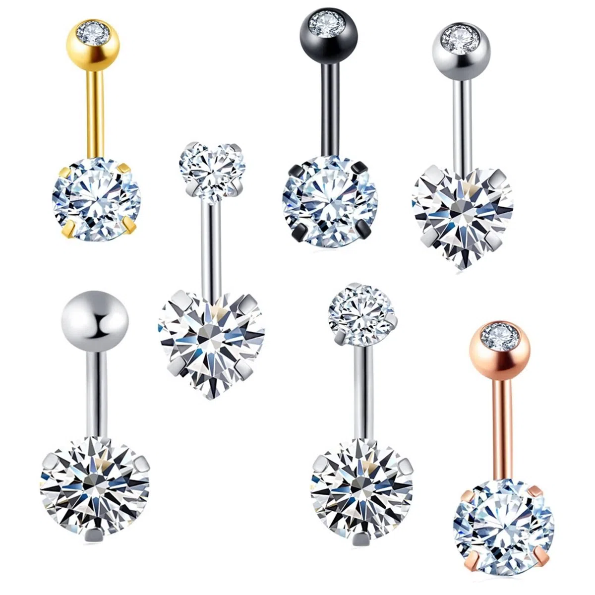Barre Piercing Nombril Courte, Anneau de Nombril Acier Inoxydable Multicolore 14G Bijoux de Piercing Zircone Ronde et en Forme de Cœur 7Pcs