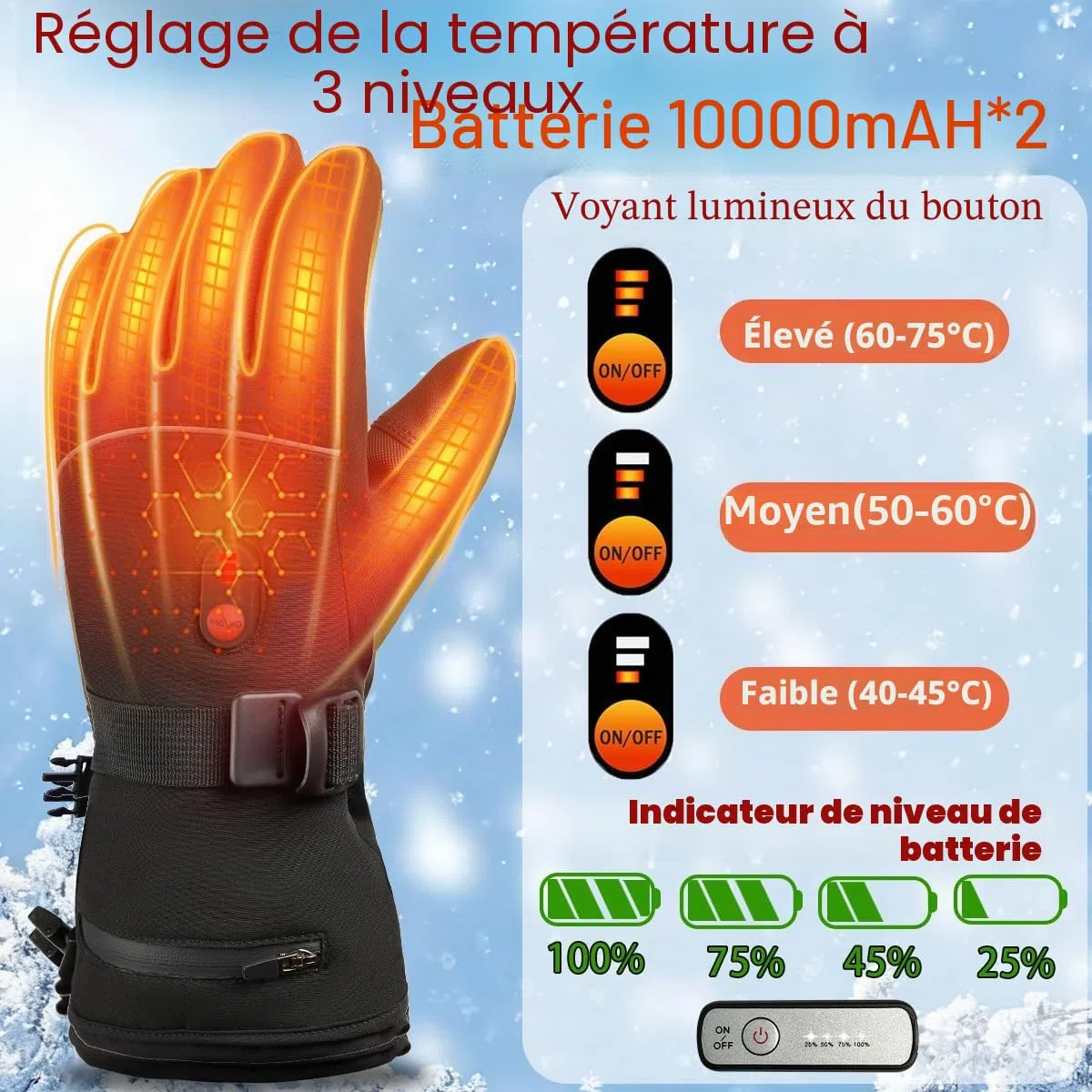 Gants Chauffant avec Batterie Rechargeable 20000mAh 7.4V, 3 Niveaux De Températures Gants Chauffants Électriques pour Homme Femme Gants Chauds pour Moto Ski Vélo Cyclisme