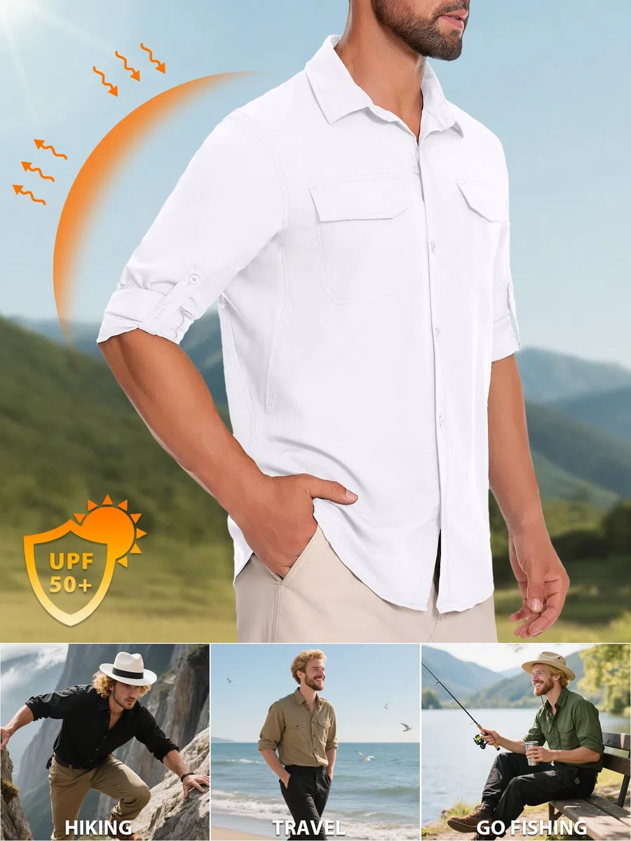 Chemise de pêche Homme UPF50+Manches Longues Anti-UV - Léger pour randonnéeChemise Sport à Boutons avec Poches zippées