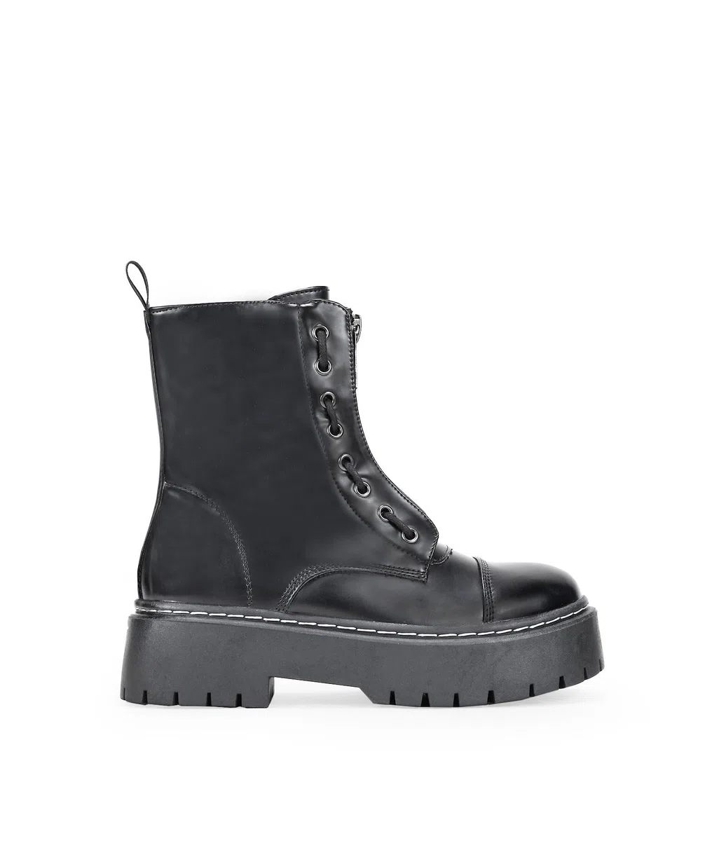 BOSANOVA Bottes militaires de style punk avec plate-forme dentelée et lacets jusqu'au sommet Fermeture à glissière. Chaussures pour femmes