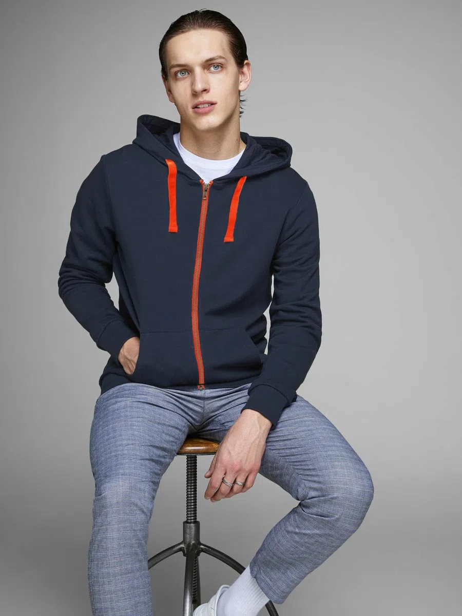 JACK & JONES Sweat à Capuche zippé JJEHOLMEN pour Homme, Bleu (Navy Blazer - Shocking Orange/Reg Fit), M
