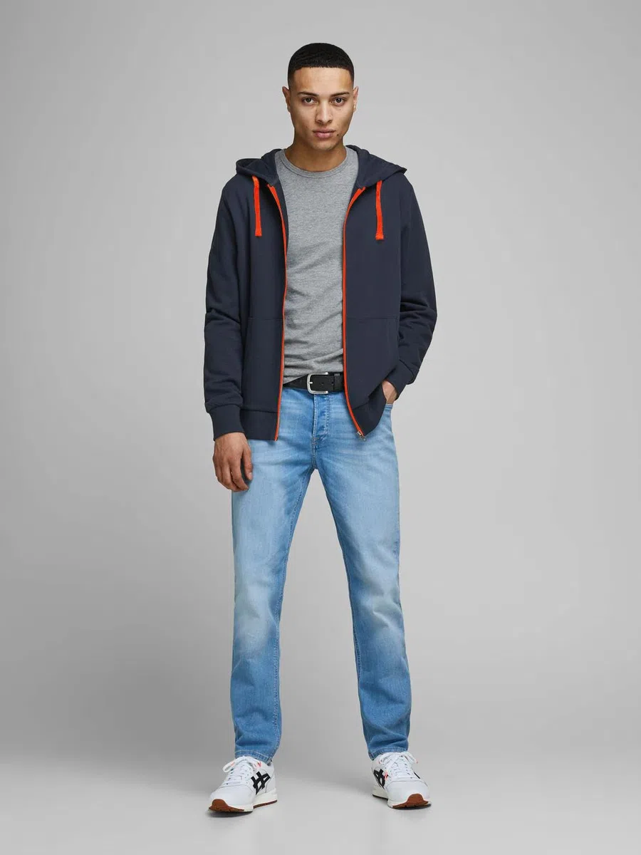 JACK & JONES Sweat à Capuche zippé JJEHOLMEN pour Homme, Bleu (Navy Blazer - Shocking Orange/Reg Fit), M