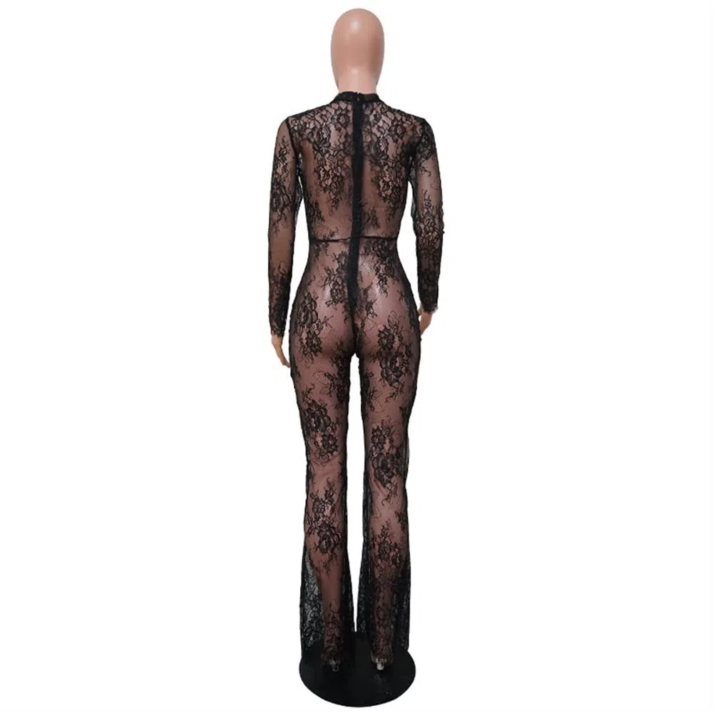 Combinaison Transparente En Dentelle Sexy Pour Femmes Jumpsuit À Manches Longues Party Nightclub Pantalon Long Combishort En Maille Moulante Transparente
