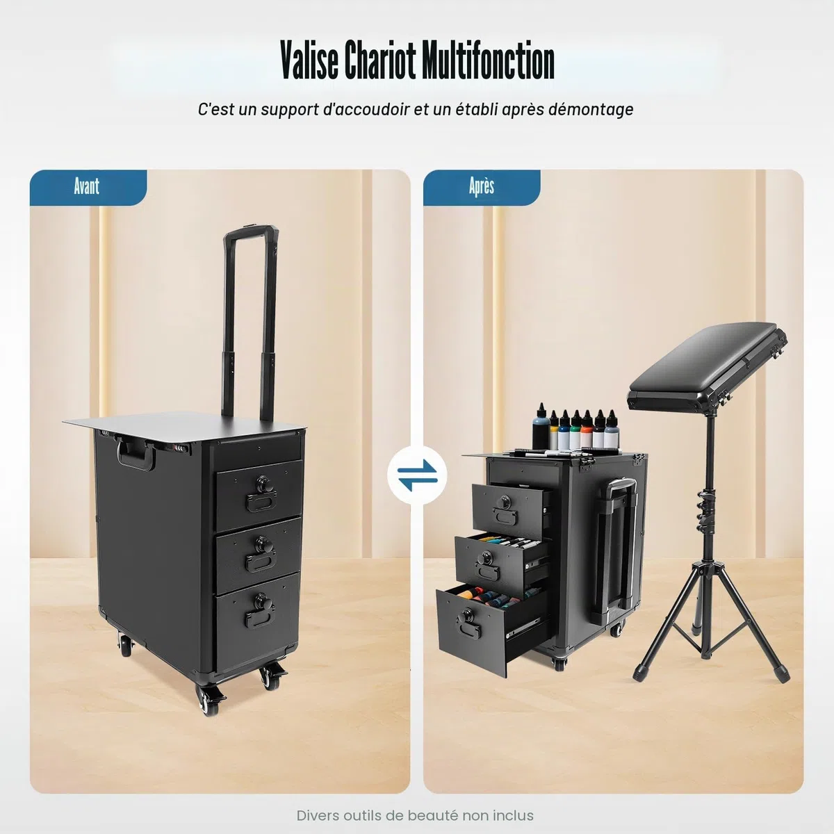 Valise cosmétique à roulettes avec support d'accoudoir et tôle métallique - Mallette de tatouage avec 3 tiroirs - Mallette de maquillage professionnelle - Table de tatouage - Table de beauté