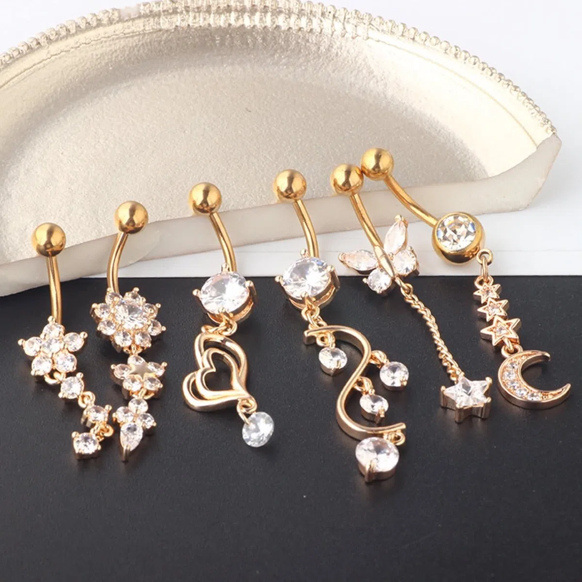 Piercing Nombril Acier Chirurgical Etoile, Piercing Nombril Qualité 14 Gauge Bijoux de Piercing Coeur Lune Papillon Zircone