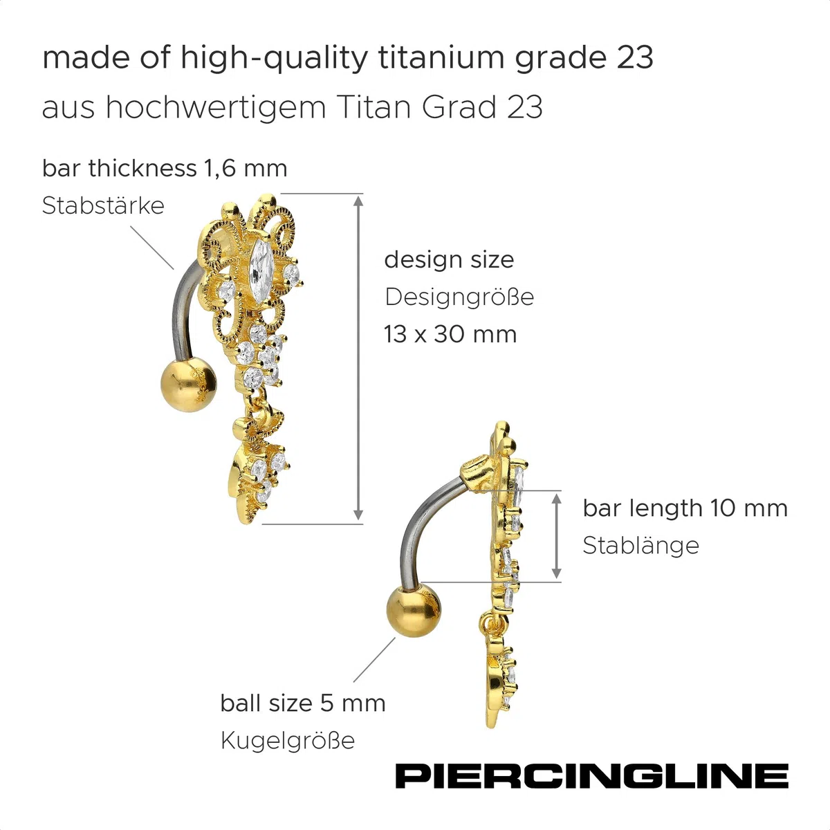 PIERCINGLINE Piercing de nombril en titane avec papillon en argent sterling 925, Titane (grade 23) / argent sterling 925