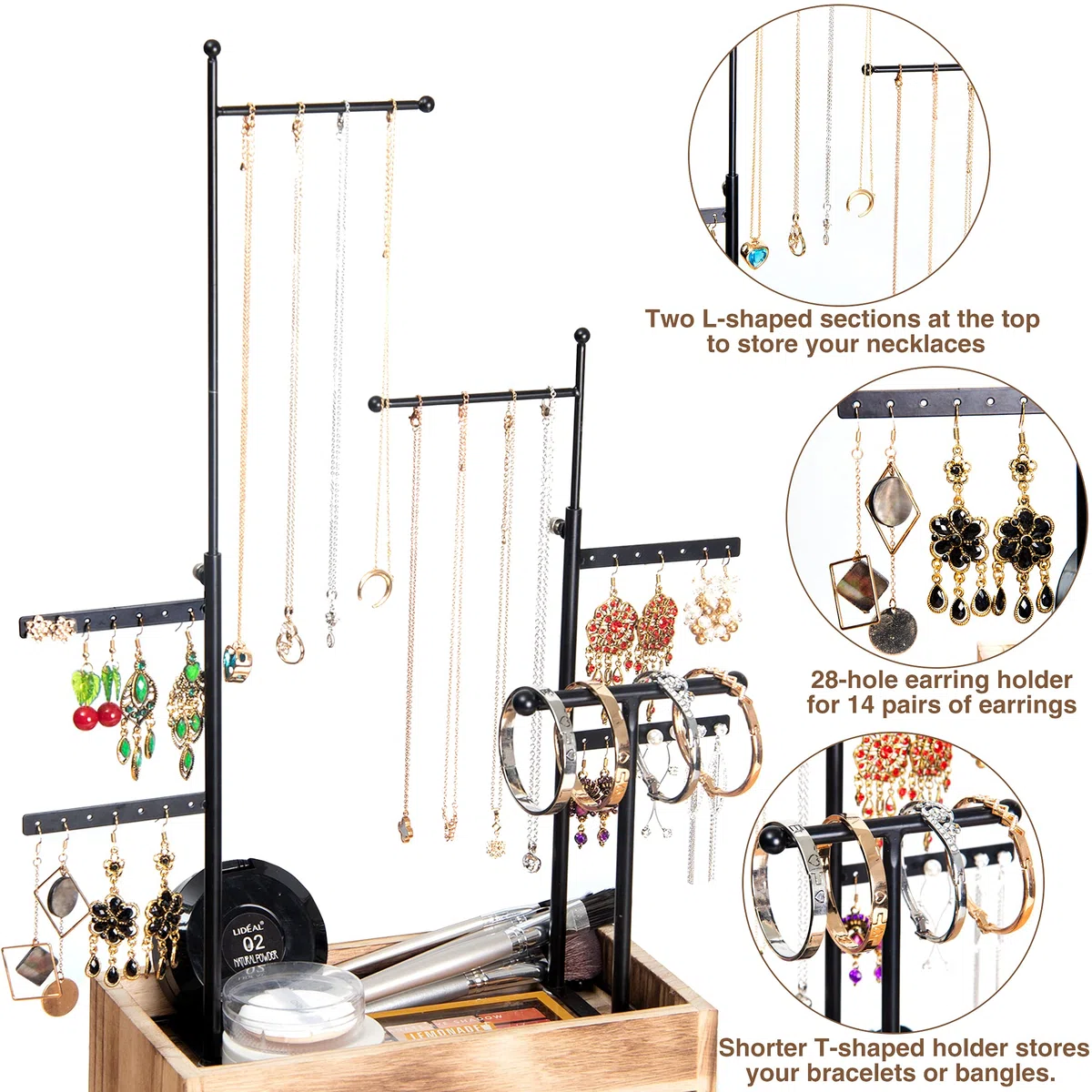 LAVIEVERT Présentoir à bijoux avec double couche de rangement en bois - 7 niveaux - Arbre à bijoux - Présentoir à bijoux pour colliers, bracelets, boucles d'oreilles et bagues