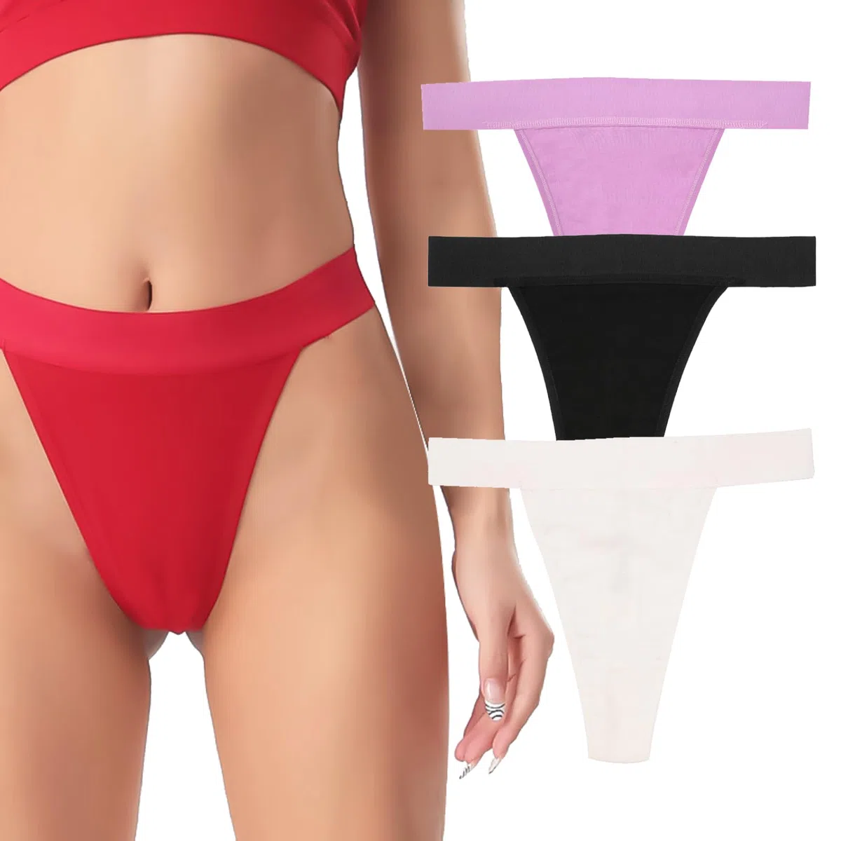 Lot de 4 strings taille haute pour femme - En coton respirant - Sans couture - Sous-vêtements en coton - Pour le sport, le quotidien, le travail, la plage