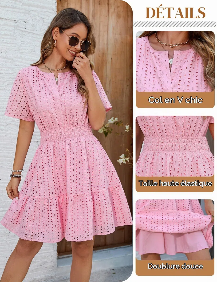 Yuson Girl Robe Femme Ete Robe Boheme Chic et Elegant Robe Short Robes à Manches Courtes de Plage Décontracté Casual Robe Col V Taille Haute Mini Robe