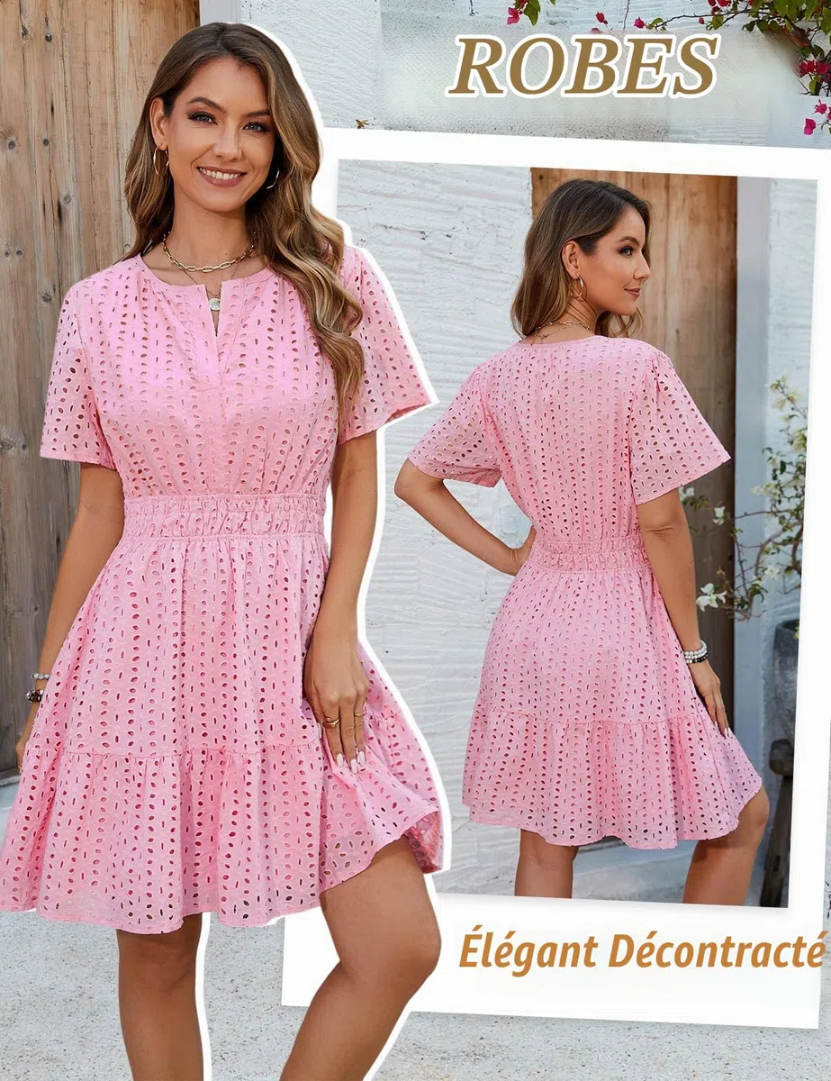 Yuson Girl Robe Femme Ete Robe Boheme Chic et Elegant Robe Short Robes à Manches Courtes de Plage Décontracté Casual Robe Col V Taille Haute Mini Robe