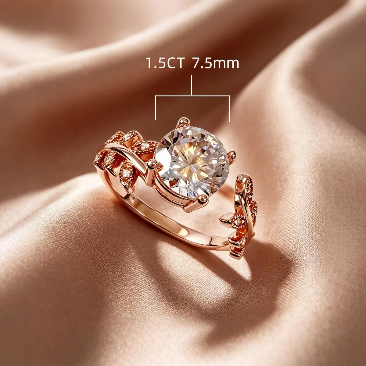 FEIKFEIZ Bague pour femme avec moissanite 1,5 carat, diamant cultivé en laboratoire, épais plaqué or rose 18 carats, bague ouverte réglable, bague de fiançailles, cadeau de bijoux