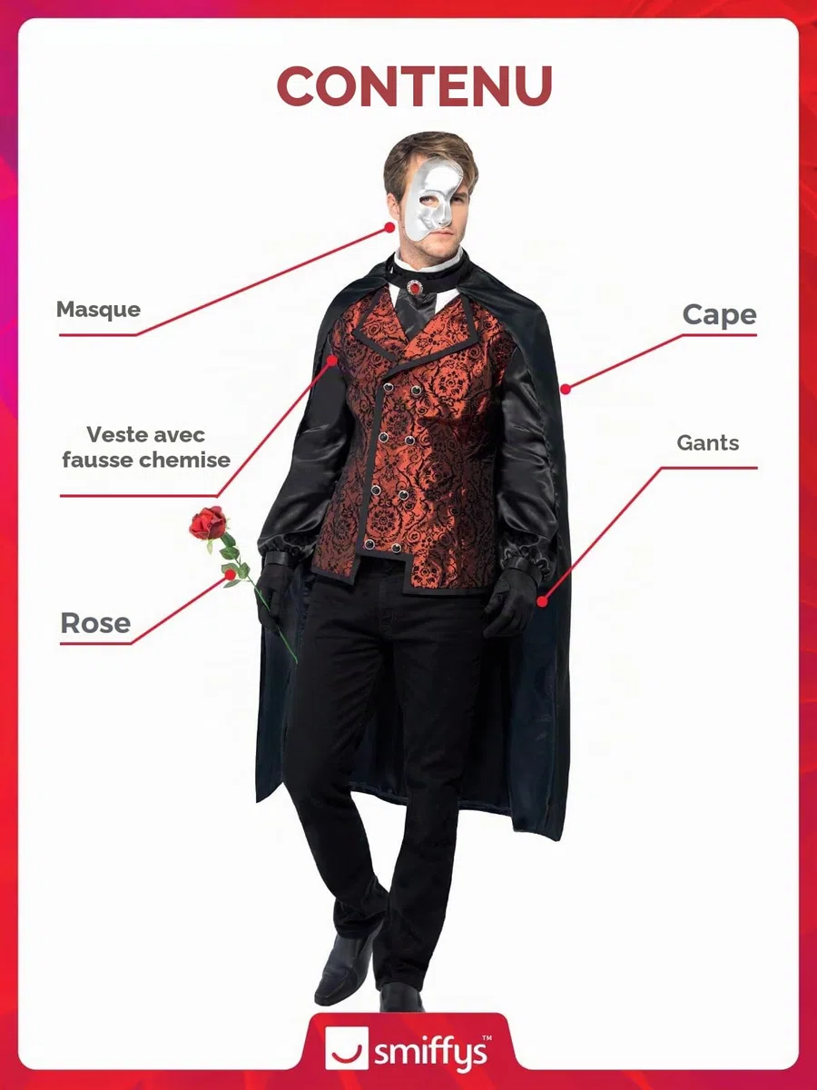 Smiffys Costume d'opéra noir avec cape, fausse chemise, masque, gants et fausse rose, costume d'Halloween de carnaval de la damne, costume de vampire