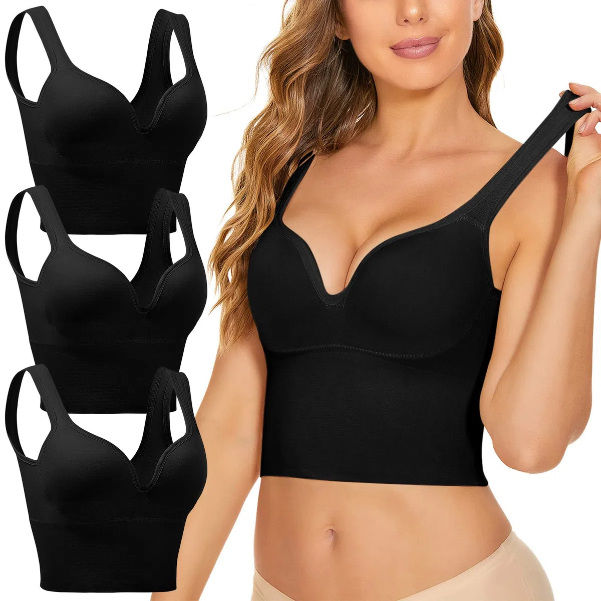 Lot de 3 soutiens-gorge de sport sans armatures pour femme - Soutien-gorge de sommeil confortable grande taille avec coussinets non amovibles, Noir , XX-Large